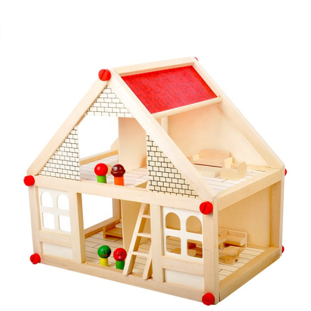 Jucarii din Lemn Natural - Căsuță din lemn pentru păpuși cu mobilier și 4 figurine