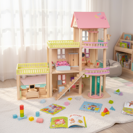 Căsuță din lemn pentru păpuși cu mobilier și accesorii - 3 niveluri [2]