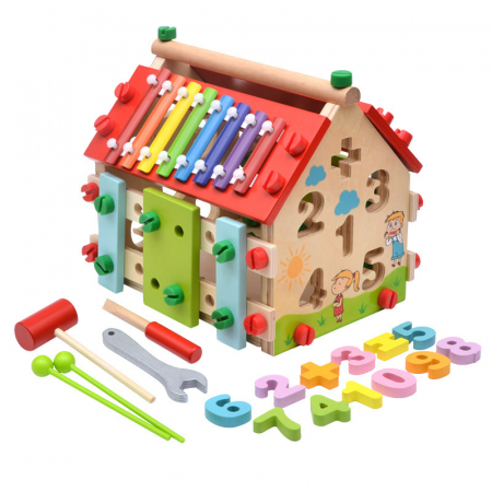 Jucarii educative - Casuta educativa din lemn 4 in 1 – jucarie multifunctionala pentru motricitate, sortare