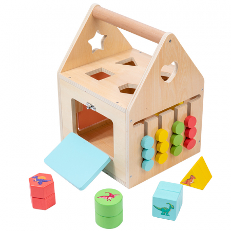 Casuta Montessori din lemn cu incuietori senzoriale și sortator forme 12+