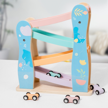 Circuit din lemn cu 4 piste si 4 masinute – Pastel | ZukiToys.ro [1]