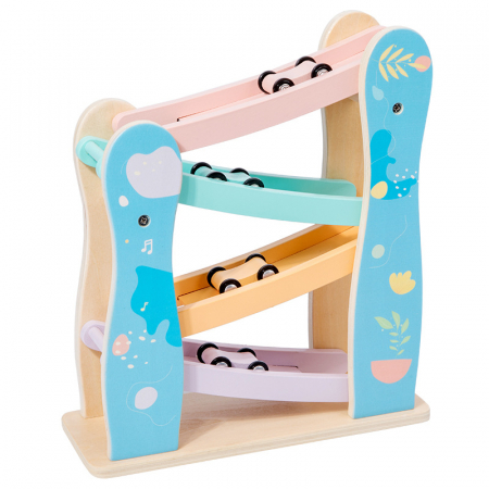 Circuit din lemn cu 4 piste si 4 masinute – Pastel | ZukiToys.ro