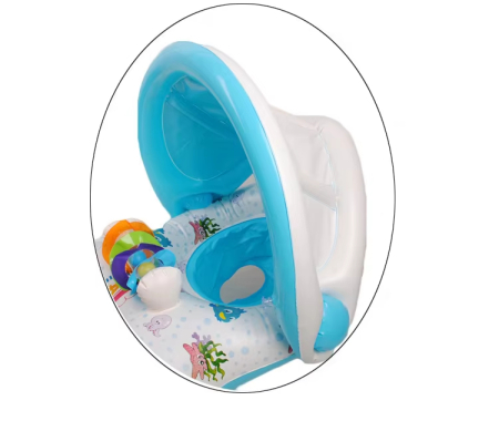 Colac gonflabil dublu pentru mamă și copil cu parasolar detașabil și suport bebe - Albastru [2]