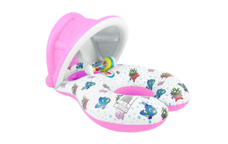 Joaca de Vara & Apa - Colac gonflabil dublu pentru mamă și copil cu parasolar detașabil și suport bebe - Roz