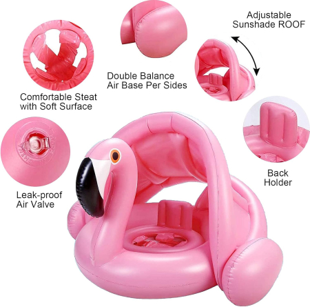 Colac gonflabil flamingo pentru copii cu parasolar și suport stabil [3]