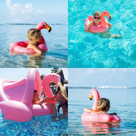 Colac gonflabil flamingo pentru copii cu parasolar și suport stabil [1]