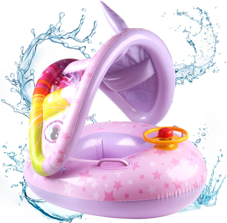 Joaca de Vara & Apa - Colac gonflabil pentru copii – model Unicorn cu volan și parasolar