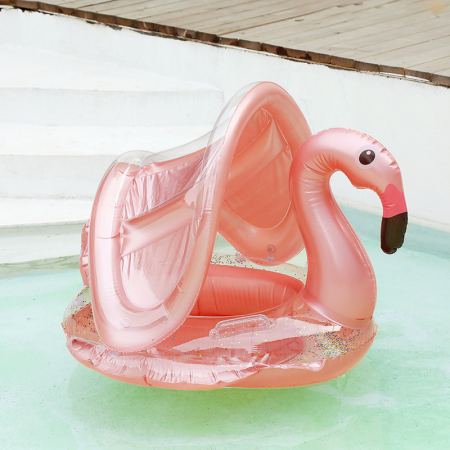 Colac gonflabil tip flamingo cu parasolar – model roz cu suport [3]