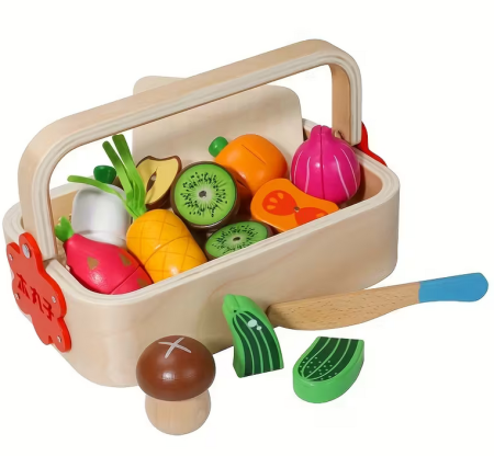 Jucarii Interactive & Sensoriale - Coșul cu fructe și legume de feliat – jucărie din lemn pentru bucătărie