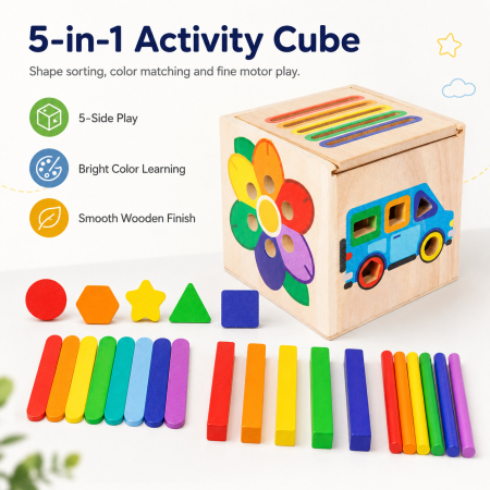 Cub educativ din lemn pentru sortarea culorilor și formelor geometrice [3]