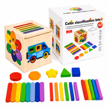 2–3 ani - Cub educativ din lemn pentru sortarea culorilor și formelor geometrice