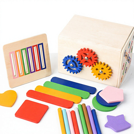 Cub Montessori din lemn 6 în 1 cu sortator forme, angrenaje și activități educative [4]