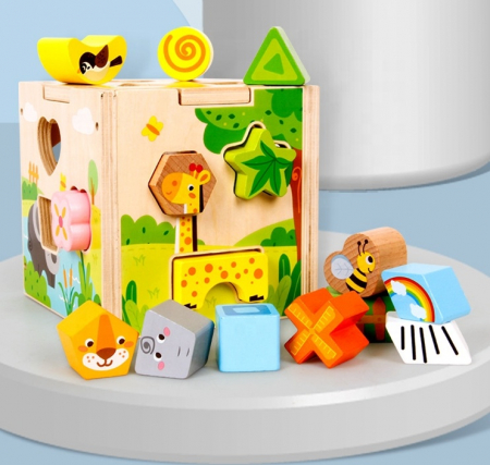 Cub Montessori din lemn cu forme geometrice si animale [1]