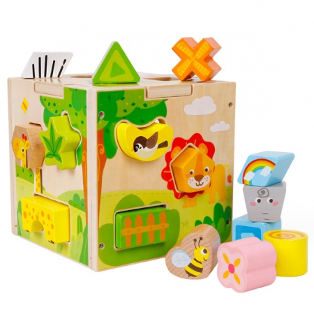 Toate jucariile - Cub Montessori din lemn cu forme geometrice si animale