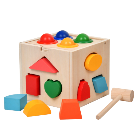 Jucarii pentru Bebe (0–2 ani) - Cub Montessori din lemn – sortator de forme și figuri geometrice