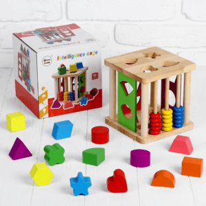 Cub naturale Montessori sortator forme geometrice din lemn 18+ [1]