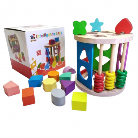 Jucarii de lemn - Cub naturale Montessori sortator forme geometrice din lemn 18+