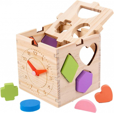 Cub sortator forme geometrice și ceas din lemn – Joc educativ 3D | ZukiToys.ro [1]