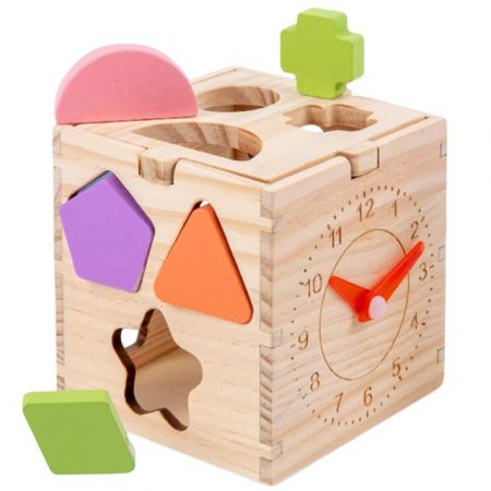 Jucarii sub 50 lei - Cub sortator forme geometrice și ceas din lemn – Joc educativ 3D | ZukiToys.ro