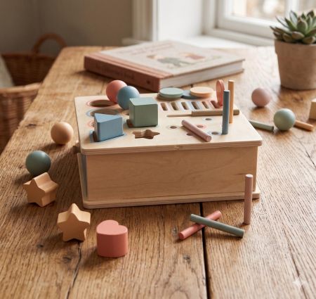 Cutie Montessori 4 în 1 cu bile, monede și sortare forme geometrice [4]