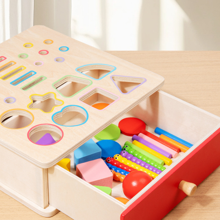 Cutie Montessori din lemn 5 în 1 cu sortator forme, bile colorate și joc de potrivire [1]