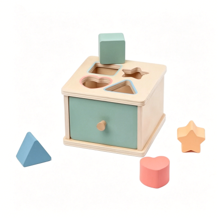 Jucarii Interactive & Sensoriale - Cutie Montessori din lemn cu sortare forme geometrice și sertar