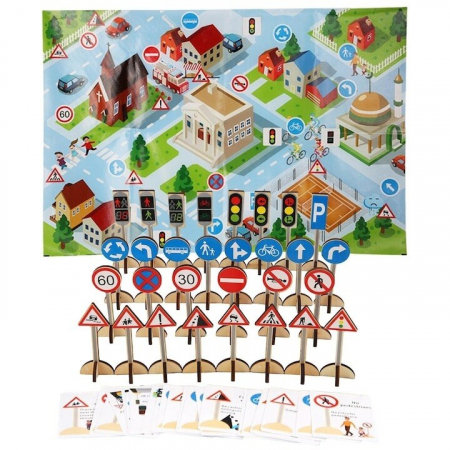 Jucarii educative - Invata semnele de circulatie – Set Montessori din lemn, 55 piese | ZukiToys.ro