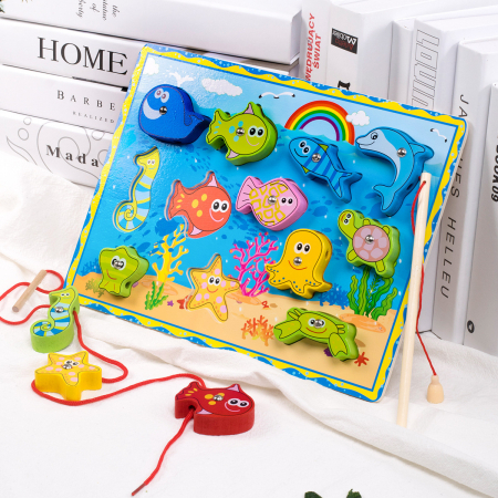 Joc 3-în-1 Ocean – pescuit magnetic, șnuruit și sortare forme din lemn | ZukiToys.ro [3]