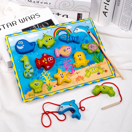 Joc 3-în-1 Ocean – pescuit magnetic, șnuruit și sortare forme din lemn | ZukiToys.ro [1]