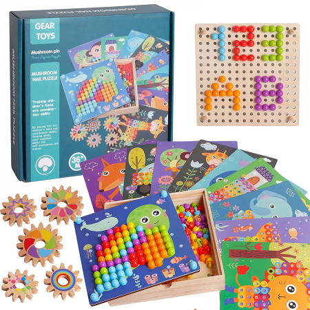 Invatare prin Joaca - Joc creativ mozaic din lemn cu planse, butoni si rotite