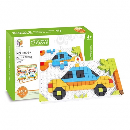 Puzzle lemn - Joc creativ Mozaic Masini – 248 piese | Cuburi STEM cu butoni colorati pentru copii 4 ani+