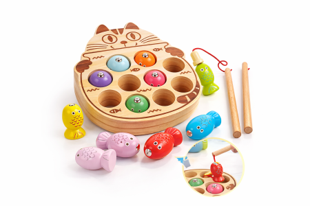 Joc de pescuit magnetic din lemn pentru copii cu tablă pisică, 10 pești și 2 undițe [0]