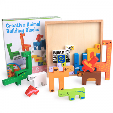 Puzzle lemn - Joc din lemn Tetris 3D cu animalute – Puzzle creativ pentru copii | ZukiToys.ro