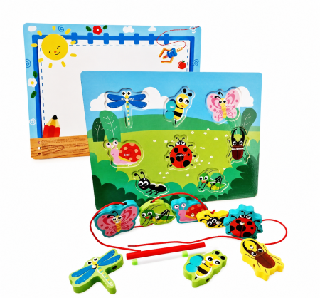 Joc educativ 4 în 1 pescuit magnetic, snuruit, puzzle și tablă de desen cu insecte [2]