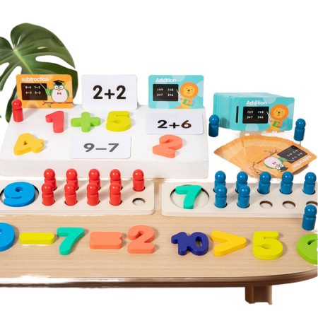 Jucarii din Lemn Natural - Joc educativ de numărare și calcul matematic – carduri și pioni si cifre