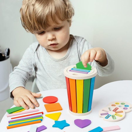 Joc educativ din lemn 3‑în‑1 cu sortare culori și potrivire forme [2]