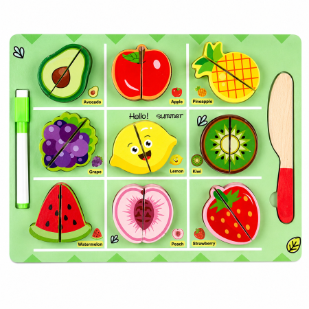Jucarii Interactive & Sensoriale - Joc educativ din lemn cu fructe de feliat și tăbliță de scris