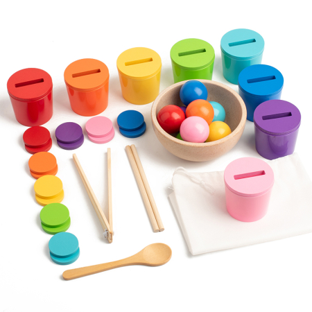 2–3 ani - Joc educativ Montessori – sortare culori cu pahare, monede și bile