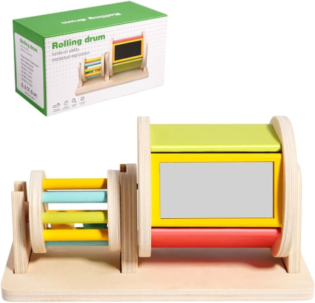 Joc educativ Montessori – tambur dublu cu clopoței și oglindă, jucărie senzorială bebe [4]