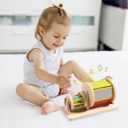 Joc educativ Montessori – tambur dublu cu clopoței și oglindă, jucărie senzorială bebe [1]