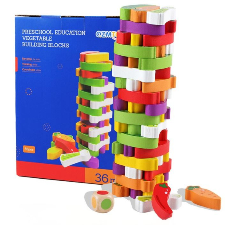 Toate Jucariile pentru Copii - Joc Jenga din lemn cu legume, turn de echilibru - multicolor