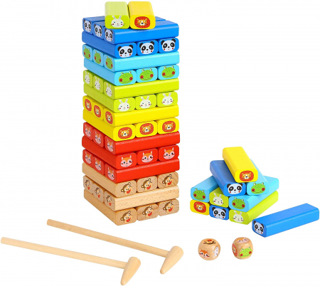 Jucarii de lemn - Joc Jenga și Domino din lemn – multicolor 4-în-1 pentru copii 3 ani+