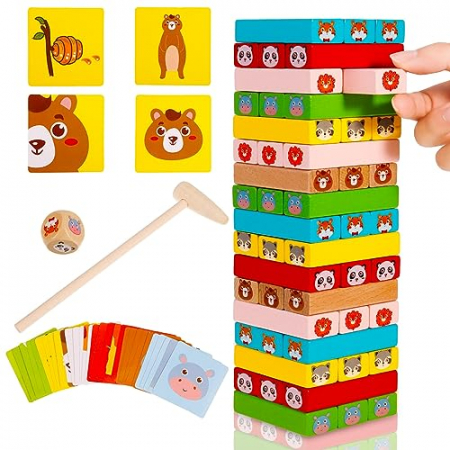 Joc Jenga și Domino din lemn – multicolor 4-în-1 pentru copii 3 ani+ [1]