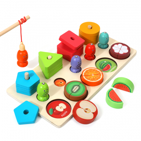 Jucarii sub 50 lei - Joc Montessori 3 in 1 din lemn – Pescuit magnetic, sortare si feliere fructe