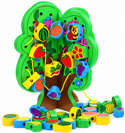 Jucarii Interactive & Sensoriale - Joc Montessori de Șnuruit din Lemn, 37 Piese - 3 ani +