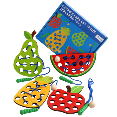 Jucarii Interactive & Sensoriale - Joc Montessori de șnuruit din lemn cu fructe colorate și omidă