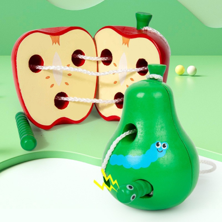 Joc Montessori de Șnuruit Măr și Pară din Lemn - 3 ani + [3]