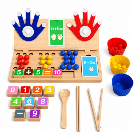 Jucarii Interactive & Sensoriale - Joc Montessori matematic cu degete, numere și bile colorate din lemn