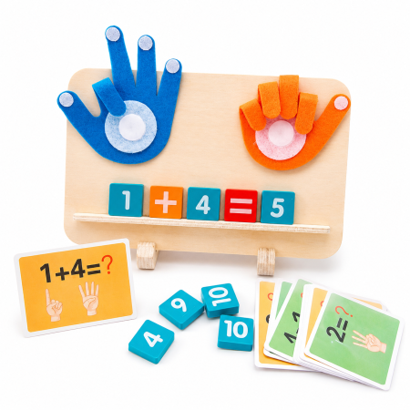 Joc Montessori pentru învățarea matematicii cu degete, cartonașe și piese pentru calcule [1]