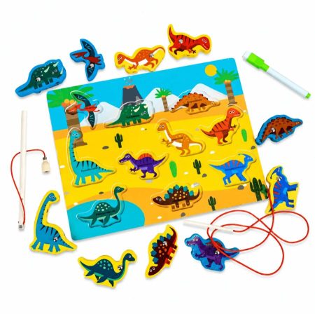 Jucarii Interactive & Sensoriale - Joc multifuncțional „Lumea Dinozaurilor” – magnetic, șnuruire și desen, 3 ani+